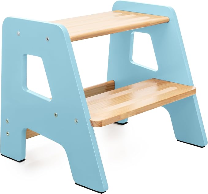 OCODILE 2-Step Wooden Step Stool for Toddlers | Kids Stool for Bathroom Sink & Kitchen Use | Non-Slip Step | Wooden Stool for Children Ages 2+ Years Blue