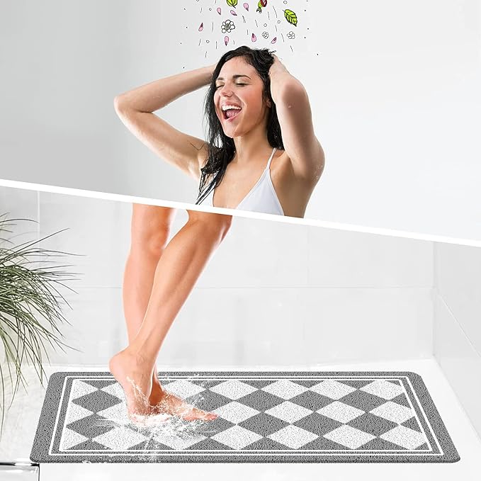 godehone Shower Mats Non Slip Without Suction Cups, PVC Loofah Bathroom Mats, Loofah Mats for Shower and Bathroom, Quick Drying, 15.7× 36 Inch, Grey Geometric