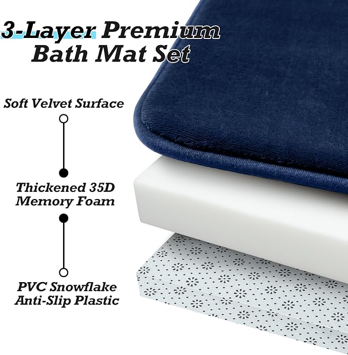HUXMEYSON Bathroom Rugs Sets 2 Piece, Non-Slip & Quick Dry Bath Mat Set, Ultra Soft Velvet Bath Rugs for Bathroom, Toilet and Shower Floor, Navy