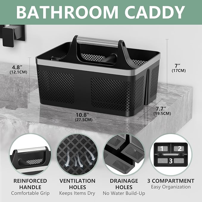 BYUNER 2Pack Shower Caddy Dorm: Portable Bathroom Caddy Organizer with Handle, Plastic Hard Shower Basket Storage Tote for Toiletry, Drainage, College Dorm Room Essentials, Black