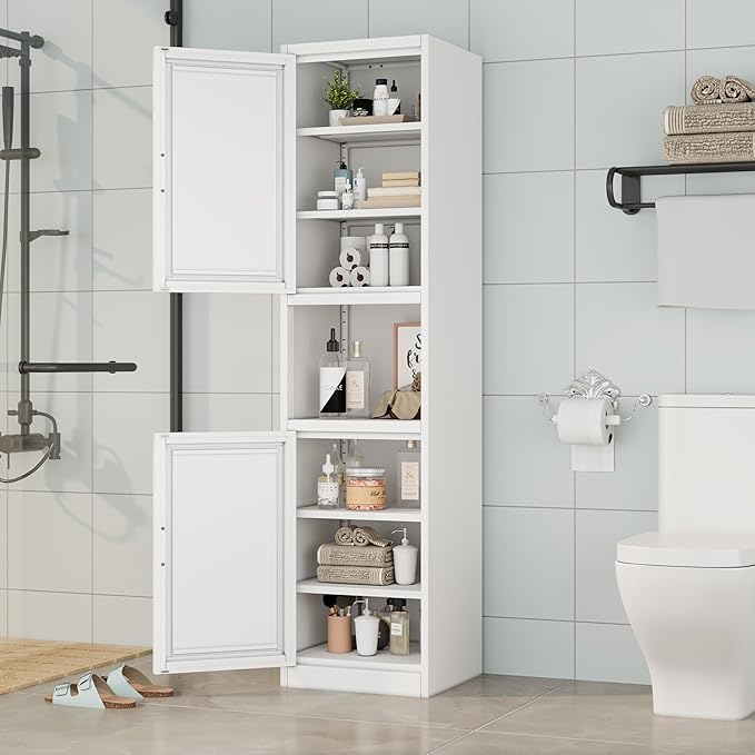 Ckzbx Tall Narrow Storage Cabinet 66.93" H Tall Bathroom Cabinets Metal Pantry Cabinet, 4 Adjustable Shelves for Kitchen, Home Office, Living Room, Dinning Room (16 inches Wide White)