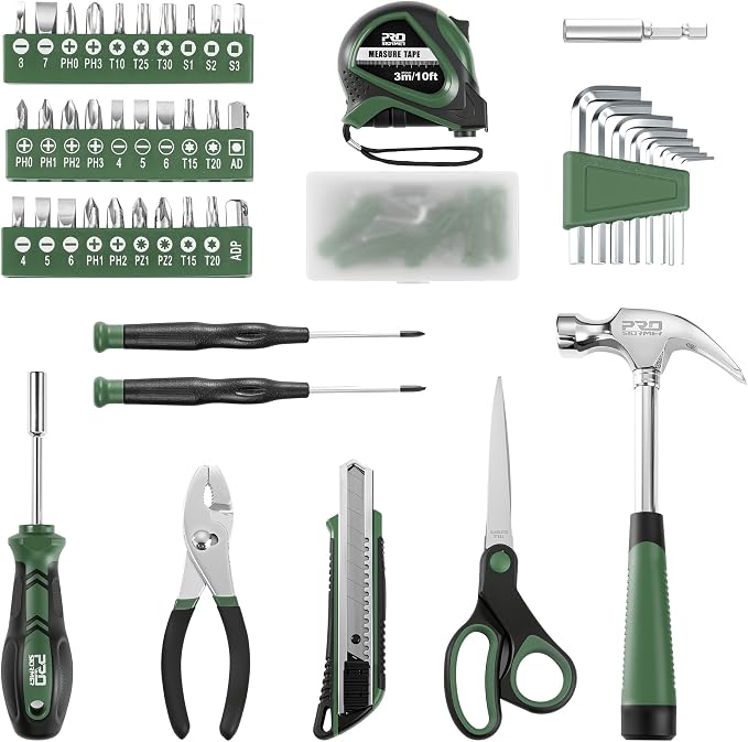 Prostormer 93-Piece Tool Kit, Basic Household Repair Tool Set with Toolbox Storage Case, Small Starter Tool Box Kit for Homeowners and College Students (Green)