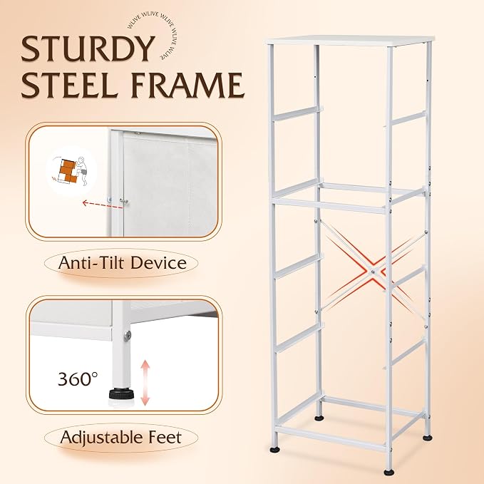 WLIVE Fabric Dresser, 5-Drawer Tall Dressers for Bedroom, Storage Dresser Organizer with Fabric Bins, Wood Top, Sturdy Steel Frame, Chest of Drawers for Closet, Hallway, White