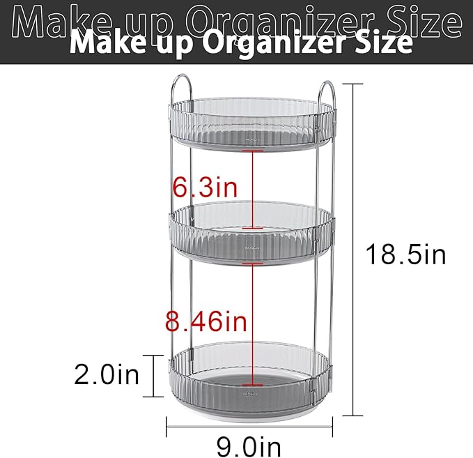 shuang qing Rotating Makeup Organizer for Vanity, Large Capacity Skincare Perfume Storage, Bathroom Counter Organizer, 360 Spinning Cosmetic Dresser Countertop Organizers (Gray, 3 Tier)