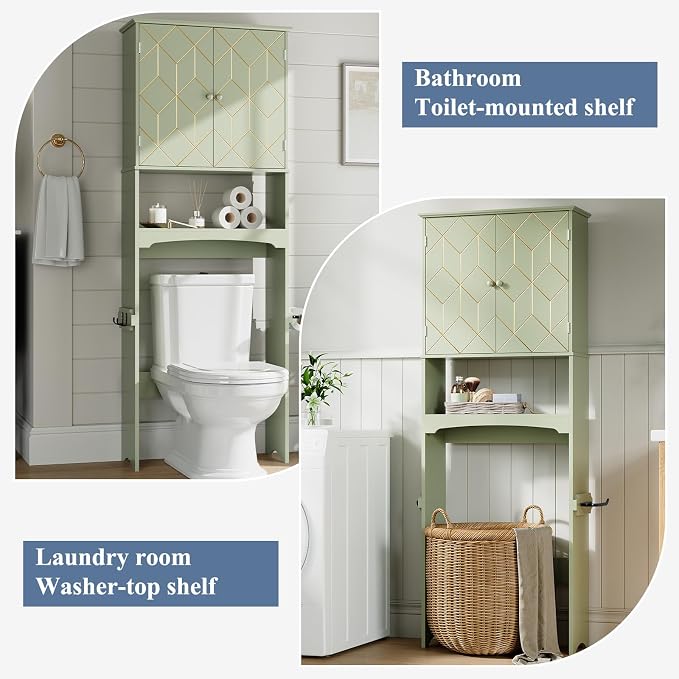 Gold Trim Over The Toilet Storage Cabinet, Double Doors Over Toilet Bathroom Organizer with Adjustable Shelves and Toilet Paper Holder, Modern Over Toilet Storage Cabinet for Bathroom (Green)