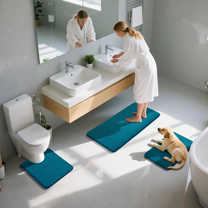 Yimobra 3 Pieces Memory Foam Bath Mat Set with U-Shaped Toilet Rug - Non Slip Super Soft Absorbent Quick Dry Bathroom Rugs for Bathtub, Vanity & Toilet Base, Peacock Blue