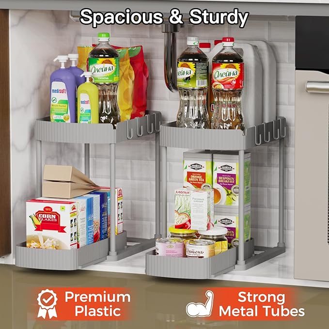 Ukeetap 2 Pack Multi-Purpose Pull-Out Storage Organizers, Under Sink Organizers and Storage for Bathroom & Kitchen, Under Cabinet Organizers and storage, 12.8 Inch, Grey