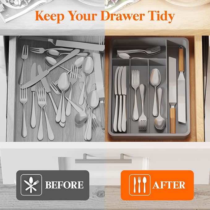 Lifewit Silverware Drawer Organizer Tray, Plastic Cutlery Storage for Kitchen, Flatware and Utensil Holder Divider for Spoons Forks Knives Tableware, 9.5 x 13.4", 5 Slots, Gray