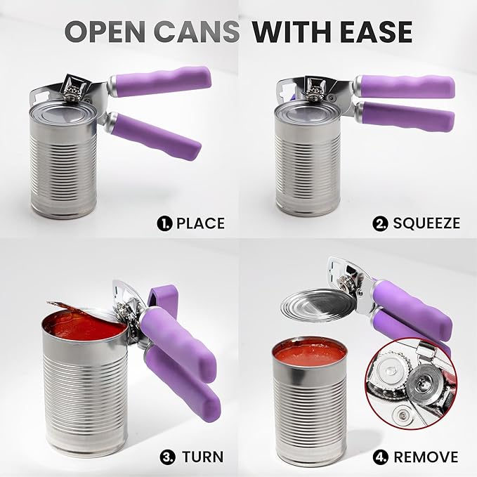 Zulay Kitchen Heavy Duty Stainless Steel Can Opener Manual with Bottle Opener - Rust Proof Manual Can Opener With Turn Knob & Comfy Soft Grip Handles - Lavender