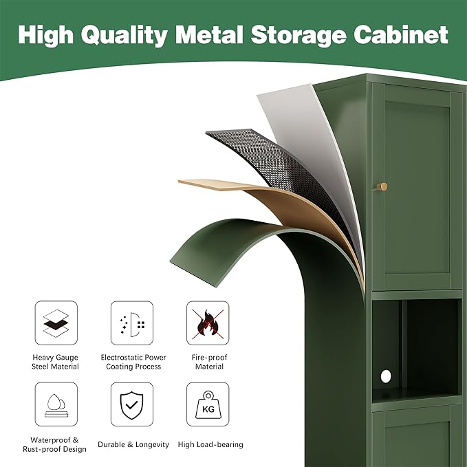 Bevivog Metal Kitchen Pantry Cabinet for Small Space, 67" Tall Storage Cabinets with 2 Doors and Adjustable Shelves, Freestanding Narrow Bathroom Cabinet, 15.7" W Slim Pantry
