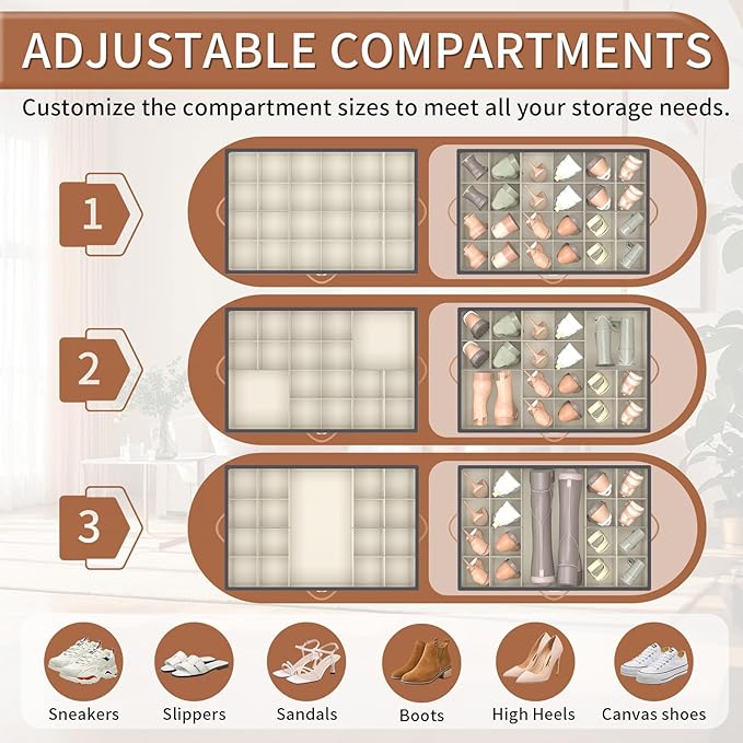 Foyego Shoe Organizer for Closet, Shoe Storage Organizer with Wheels and Adjustable Dividers, Stackable Shoe Storage Box with Clear Cover, Closet Shoe Organizer Fits up to 24-48 Pairs, Gray and Beige