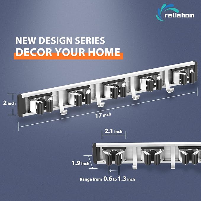 reliahom Broom Holder Wall Mount, 2 Pack 5 Racks with 4 Hooks Black - Mop Storage Tool Racks, Broom Hanger Tool Organizer for Garage, Kitchen, Garden, Laundry Room