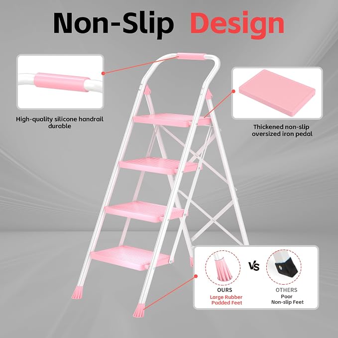 Step Ladder Foldable Folding Stool - for Home Adults Kitchen 4 Stepping Extension Tall Heavy Duty with Handrails - Closet Stepstool Stair Ladders Extendable Stepladder for Indoor House 600Lbs
