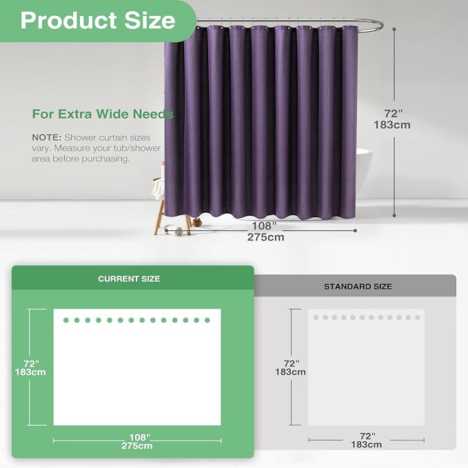 Dynamene Extra Wide Shower Curtain - 108 Inch Wide Waffle Weave Weighted Thick Cloth Bathroom Shower Curtain, Neutral Heavy Duty Hotel Bath Curtain Set with 18 Plastic Hooks,108x72, Purple