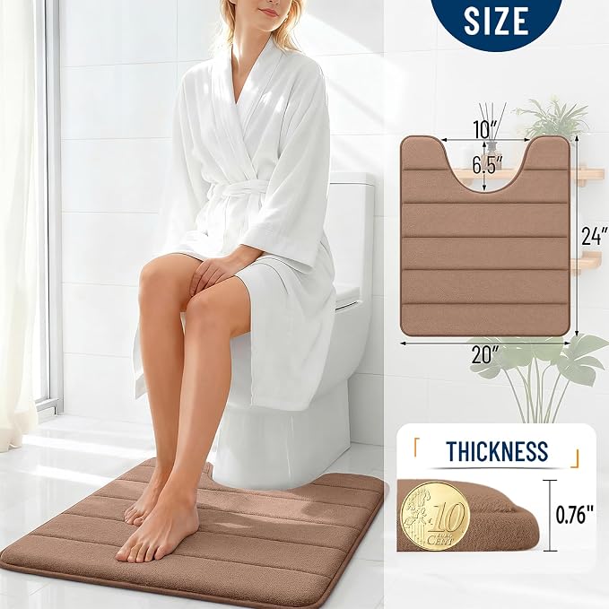 OLANLY Memory Foam Toilet Rugs U Shaped 24x20, Super Soft Absorbent Contour Bath Rugs, Quick Dry, Machine Washable Toilet Mat, Bathmat Floor Carpet, Bathroom Home Decor Accessories, Mocha