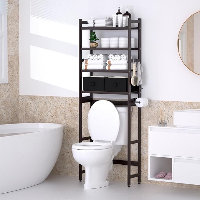 Cozivolife Over The Toilet Storage: 4-Tier Bamboo Organizer Rack with 2 Baskets & Paper Holder & 4 Hooks & Waterproof Feet Pad, Adjustable Freestanding Shelf for Bathroom (Brown)