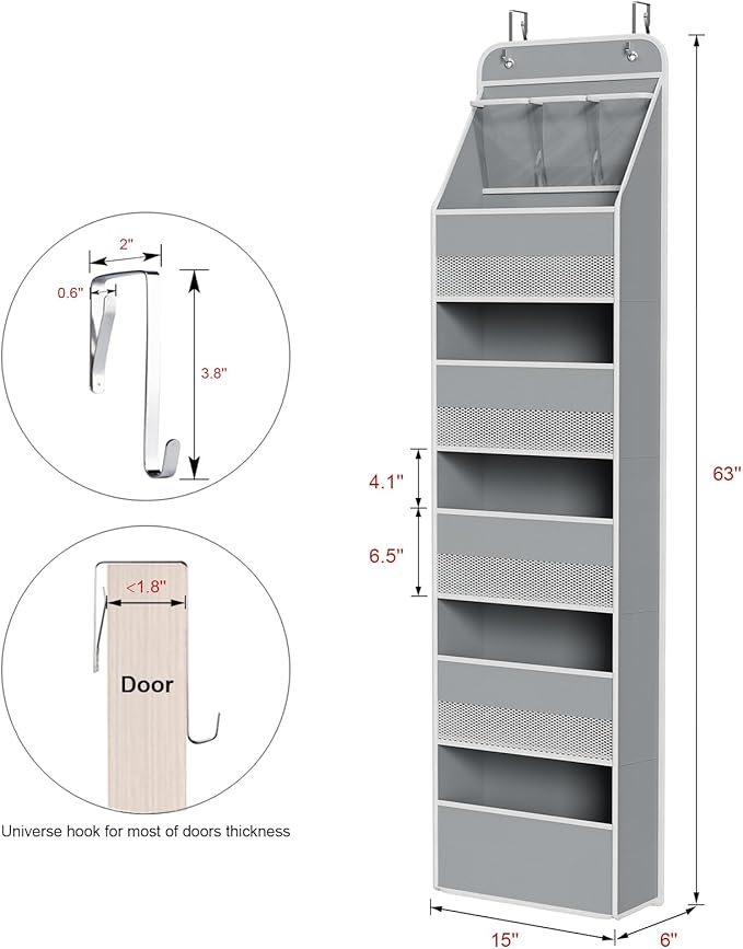 Univivi 6-Shelf Over Door Hanging Organizer Fabric Baby Door Storage with 5 Large Pockets and 3 Small PVC Pockets Wall Mount Hanging Storage Organizers for Baby Essential (Grey)