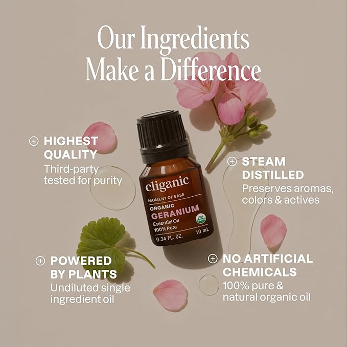 Cliganic Organic Geranium Essential Oil, 100% Pure Natural for Aromatherapy | Non-GMO Verified