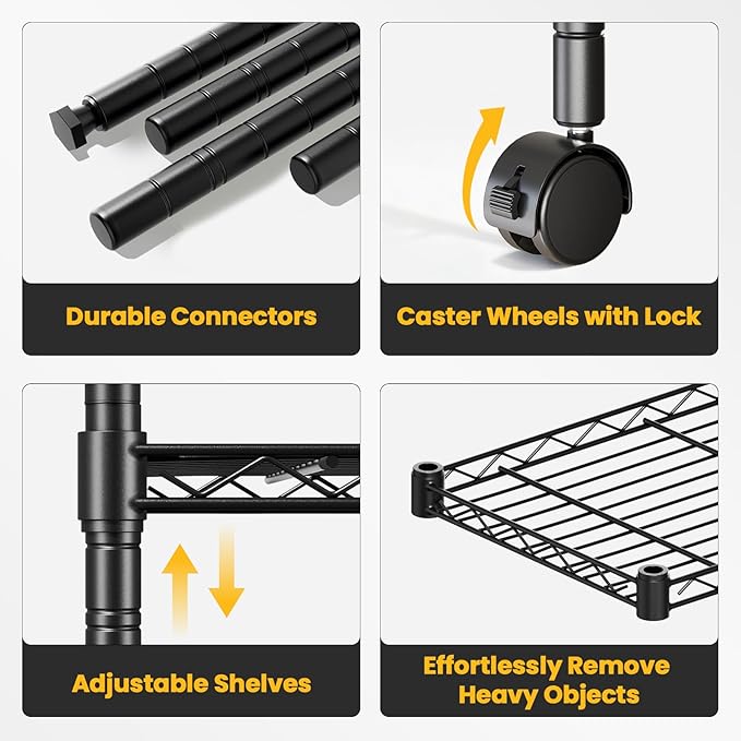 DUMOS 4-Tier Metal Wire Storage Shelves, Adjustable Standing Storage Rack Shelf with Wheels, Heavy Duty Steel Shelving Unit Organizers for Kitchen Bathroom Pantry Garage, 23.2"Wx 3.4"Dx47.1"H, Black