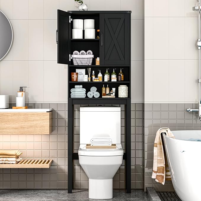 Vabches Over The Toilet Storage Cabinet, Bathroom Organizer with 2 Barn Doors, Farmhouse Space-Saving Toilet Rack with Adjustable Shelf,for Bathroom, Toilet, Laundry Room,Black