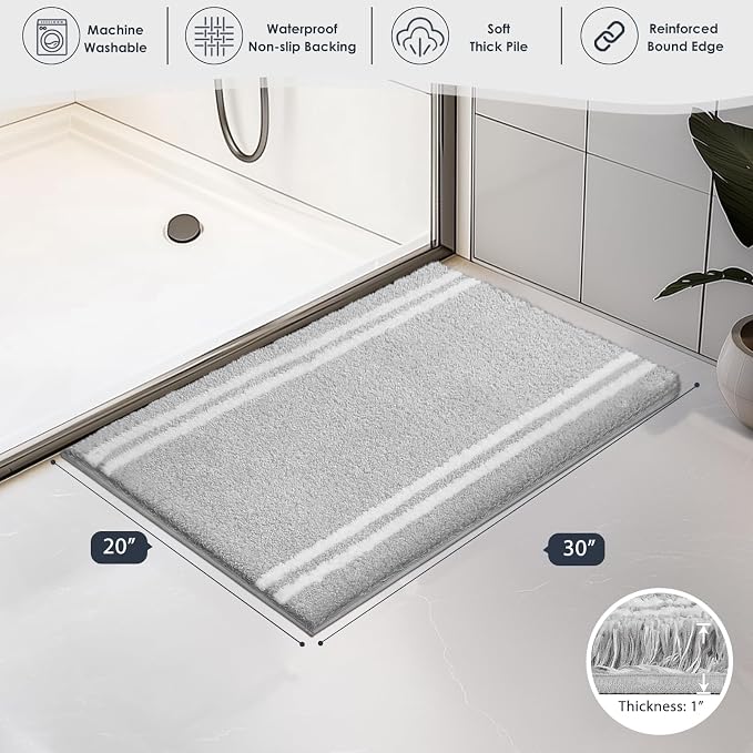 PURRUGS Bathroom Rug Non-Slip Machine Washable 20" x 30", Super Absorbent and Quick Dry Shaggy Microfiber Bath Mat, Extra Soft and Plush Bath Rug for Bathtub, Shower, and Sink, Light Grey