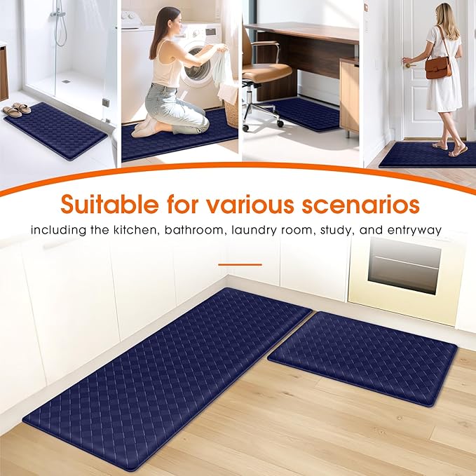 TranquilRelax Kitchen Mats, 2PCS Kitchen Rugs, Cushioned Anti Fatigue Kitchen Mats for Floor, Non-Slip Standing Desk Mat, Waterproof Kitchen Rug Set for Kitchen, Floor, Office,17.3"×30"+17.3"×47",Blue