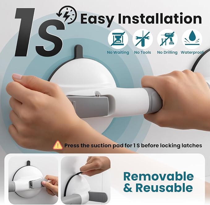 TAILI Grab Bars for Bathtubs and Showers, Shower Handles for Elderly Suction,Maximum 330lbs,Shower Grab Bar with Upgraded Rubber Suction Cups,Safety Grip for Senior, No Drilling Removable,Grey