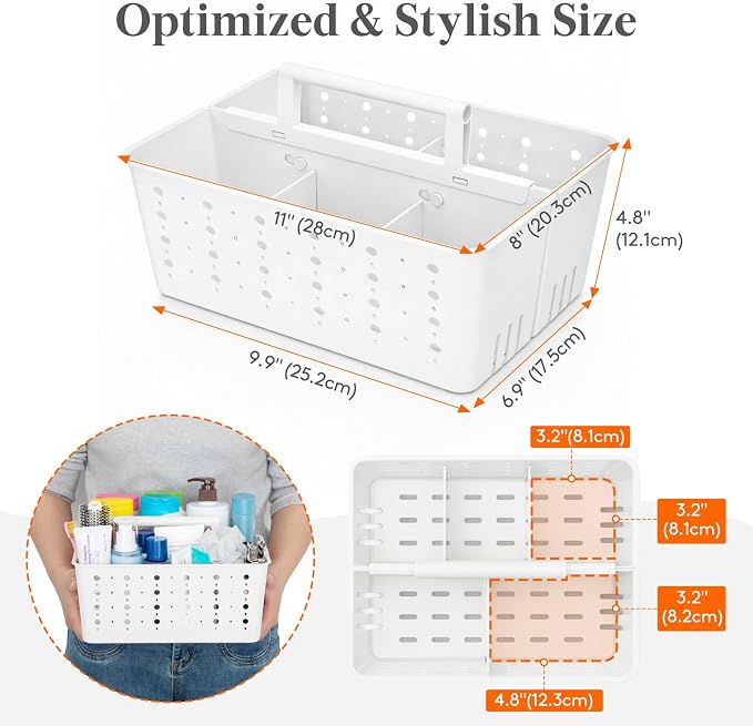 Lifewit Shower Caddy Portable, Caddy Organizer with Handle and Adjustable Dividers, Plastic Shower Basket for Dorm Room Essentials, College, Bathroom, White, 2 Packs