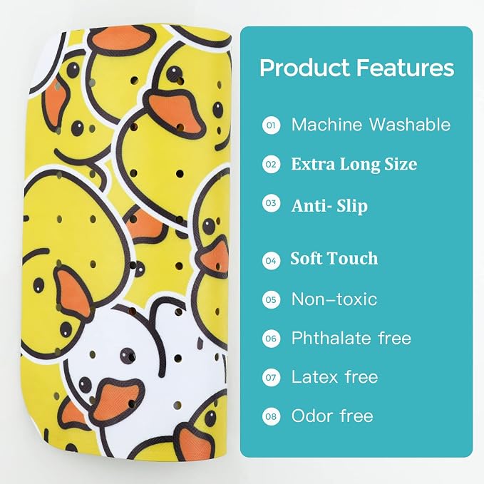 Bath Mat for Tub Non Slip Baby Kids Bathtub Mat Extra Long 40X16 Inch Toddler Shower Mat Anti Slip with Suction Cups & Drain Holes, Machine Washable,Duck