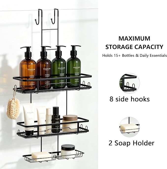OMAIRA Over The Door Shower Caddy Hanging, 3-Tier Shower Organizer Hanging with 8 Hooks & Soap Holder, Height-Adjustable Rustproof Bathroom Shelf for Shower Door, No Drilling Storage Rack, Black