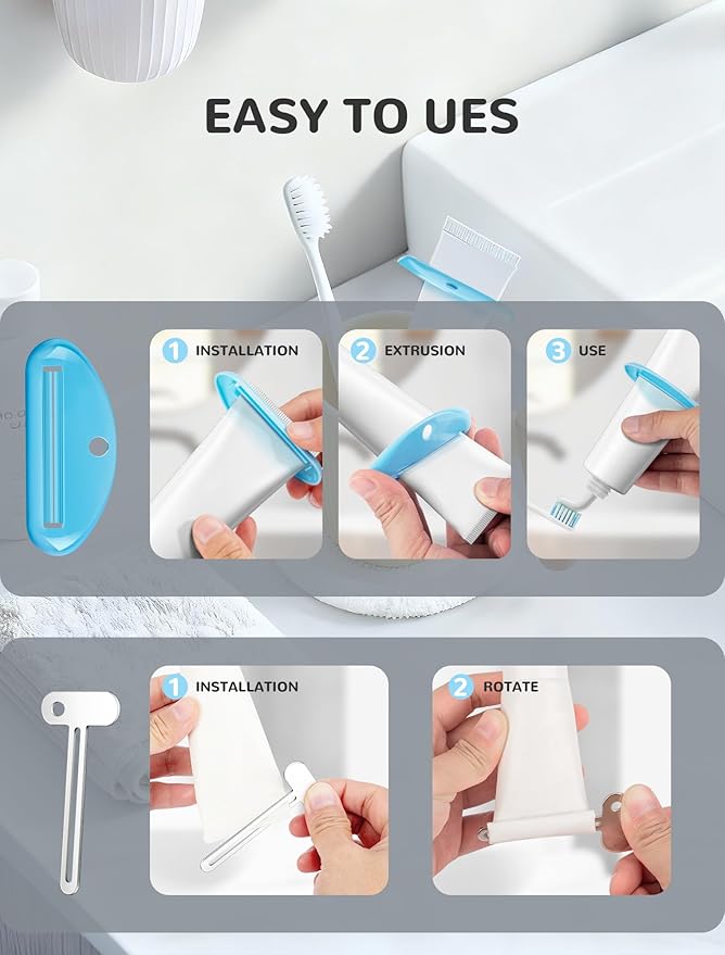 EVOULTES 6 PCS Toothpaste Squeezer, 2 Metal Tube Roller Squeezer with 4 Plastic Toothpaste Dispenser Hanging Toothpaste Key, Tube Squeezer Tool for Bathroom, Suitable for Toothpaste, Cosmetics, Paints