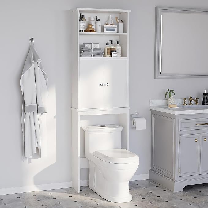 Over the Toilet Storage Cabinet for Bathroom, Extra Tall Over Toilet Storage, Space Saver W/Adjustable Shelf & Open Storage Shelf, 75in, White