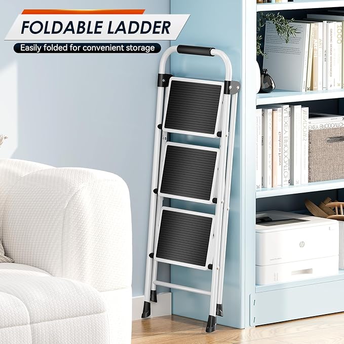 Urackify Step Ladder, 3 Step Ladder with Anti-Slip and Wide Pedal, Portable Foldable Step Stool with Handgrip, Sturdy Step Ladder for Home Kitchen Household, White