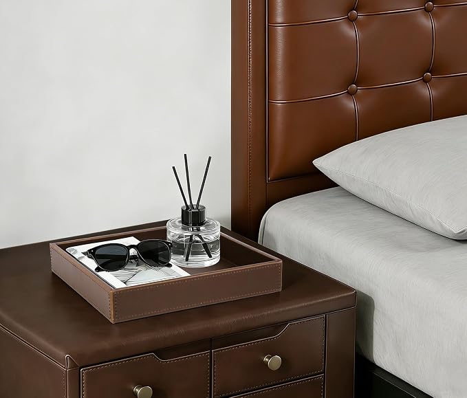 HofferRuffer Faux Leather Vanity Tray, Elegant Desktop Storage Organizer, Decorative Catchall for Perfume, Bathroom Valet, Nightstand or Dresser, 10 x 10 x 1.8 inches (Brown)
