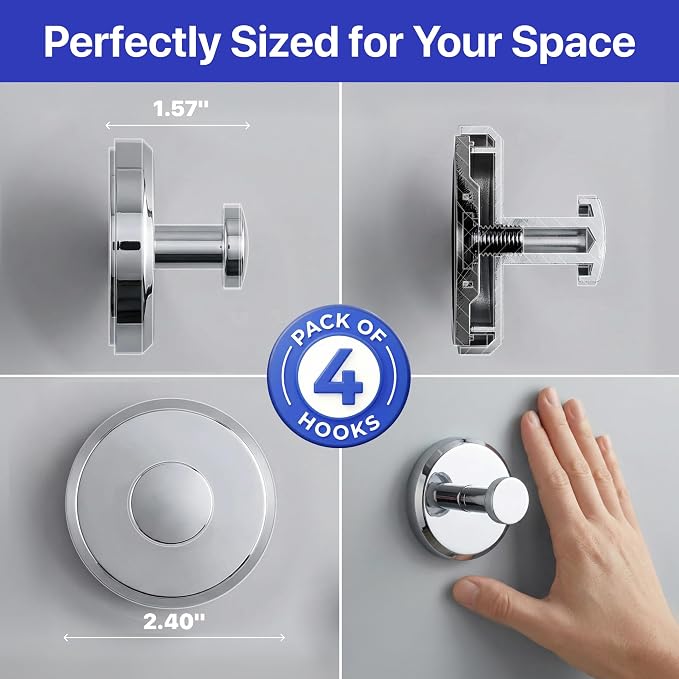 HOME SO Suction Cup Hooks for Shower & Bathroom Towel Holder 4-Pack – Suction Cups Hooks for Hanging Towels, Robes, & Coats - Tiles, Glass Door or Mirror – Shower Hooks & Towel Hooks Organizer -Chrome