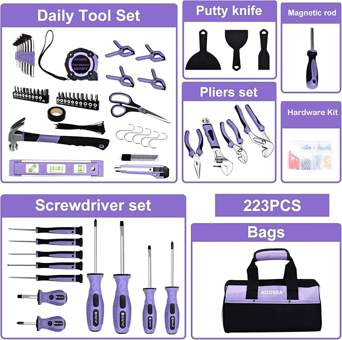 ACOSEA Purple Tool Set,223-Piece Tool Sets for Women,Tool Kit with 13-Inch Wide Mouth Open Purple Tool Bag,The Basic Tool Set is Perfect for Home Maintenance (PURPLE)