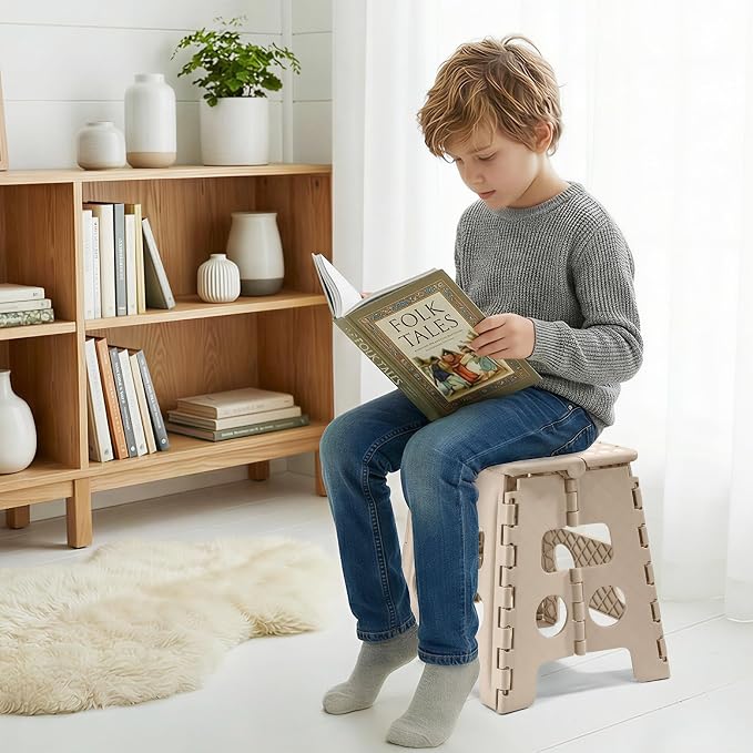 ACKO Folding Step Stool, 13 Inch Non-Slip Foldable Step Stool for Adults & Kids, Up to 300 lbs, Lightweight Collapsible Foot Stools with Carry Handle for Kitchen, Bathroom, Bedroom, Khaki