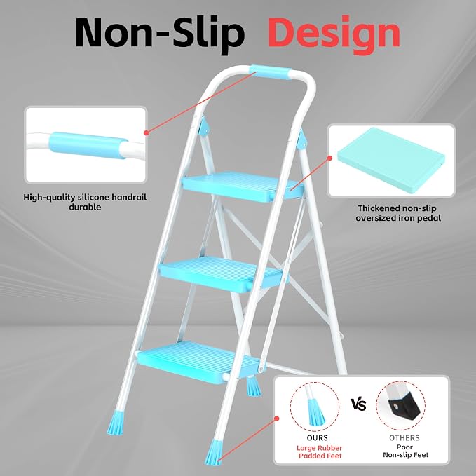 Step Ladder Foldable Folding Stool - for Home Adults Kitchen 3 Stepping Extension Tall Heavy Duty with Handrails - Closet Stepstool Stair Ladders Extendable Stepladder for Indoor House 600Lbs