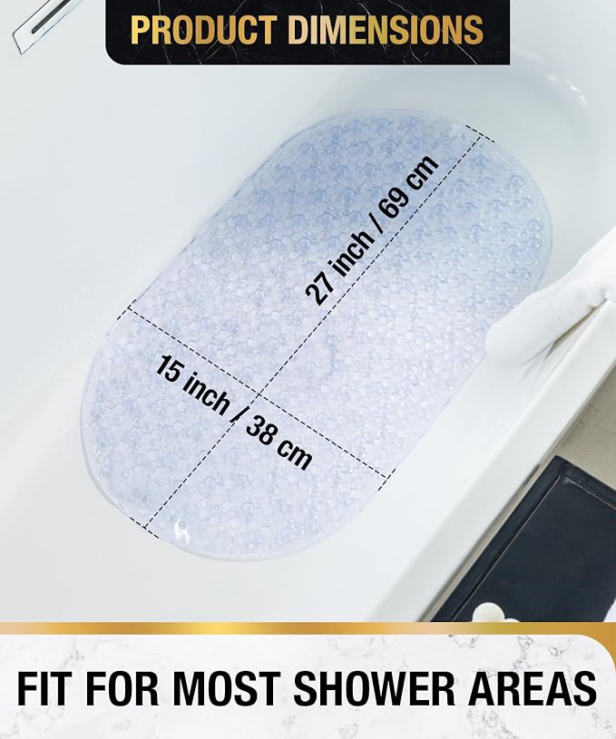 HITSLAM Bathtub Mat Non Slip, 27x15 Inch Bubble Oval Bath Tub Mat for Bathroom, Machine Washable Shower Mat with Suction Cups and Drain Holes, Clear