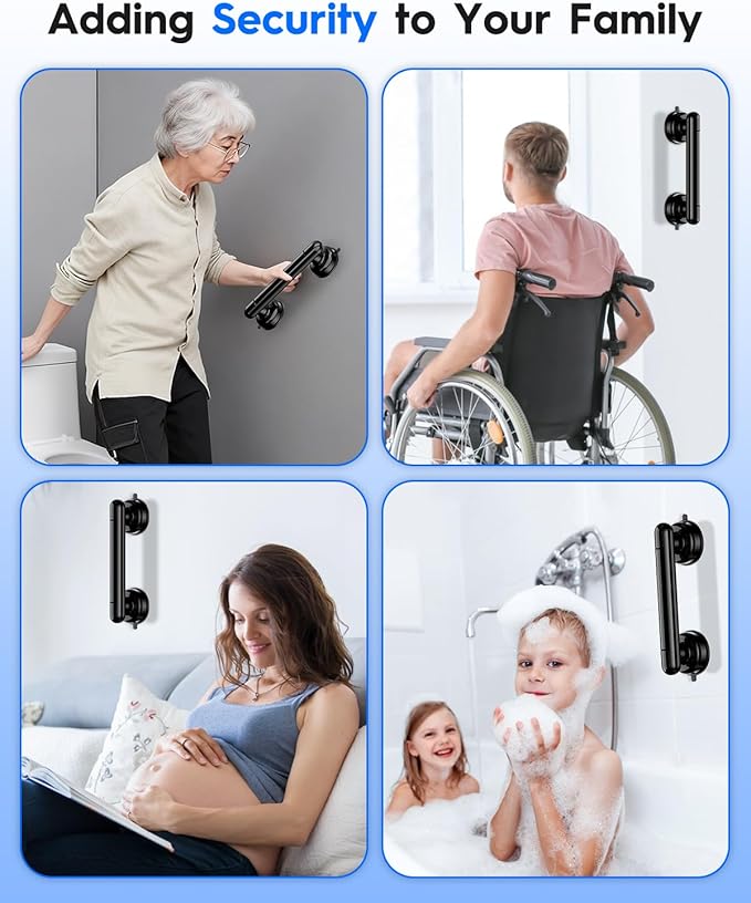 Upgraded 2-Pack Grab Bars for Shower Bathroom Wall, Heavy-Duty Suction Grab Bars Shower Handle Safety for Elderly Seniors Handicap, No Drilling Tool-Free, Easy Removal and Reusable (Black)