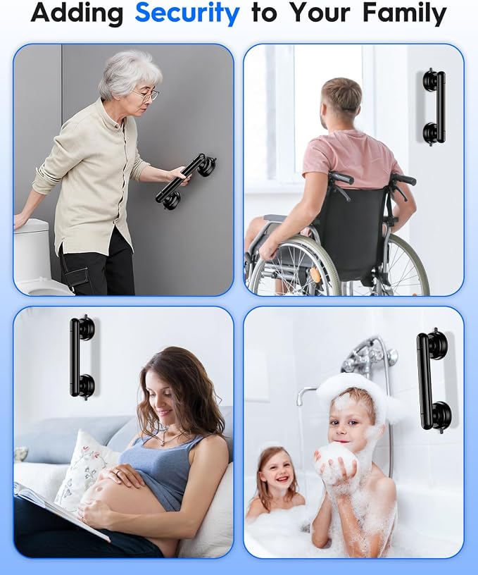 Upgraded 2-Pack Grab Bars for Shower Bathroom Wall, Heavy-Duty Suction Grab Bars Shower Handle Safety for Elderly Seniors Handicap, No Drilling Tool-Free, Reusable (Black and White)