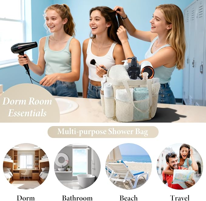 Attmu Mesh Shower Caddy Portable, Quick Dry Hanging Shower Tote Bag for College Dorm Room Essentials, Large Capacity Caddy Dorm for Bathroom Gym Swimming