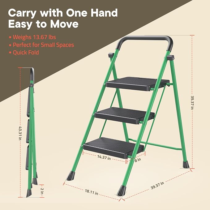 Green 3 Step Stool Foldable – Heavy-Duty Foldable Step Stool for Adults, 500 lbs Capacity, Anti-Slip Feet & Wide Steps, Sturdy Steel Frame, Lightweight & Space-Saving Design for Home, Kitchen & Garage