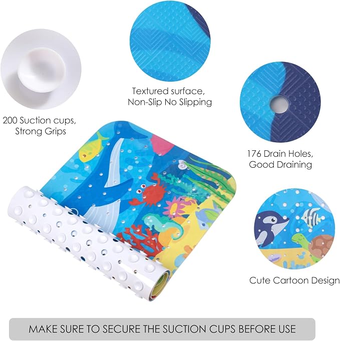 Baby Bath Mat Non Slip, Cartoon Kids Bath Mat for Tub 40 x 16 Inches, Non Slip Bathtub Mat with Suction Cups and Drain Holes Shower Stall Mats, Machine Washable, Dolphin