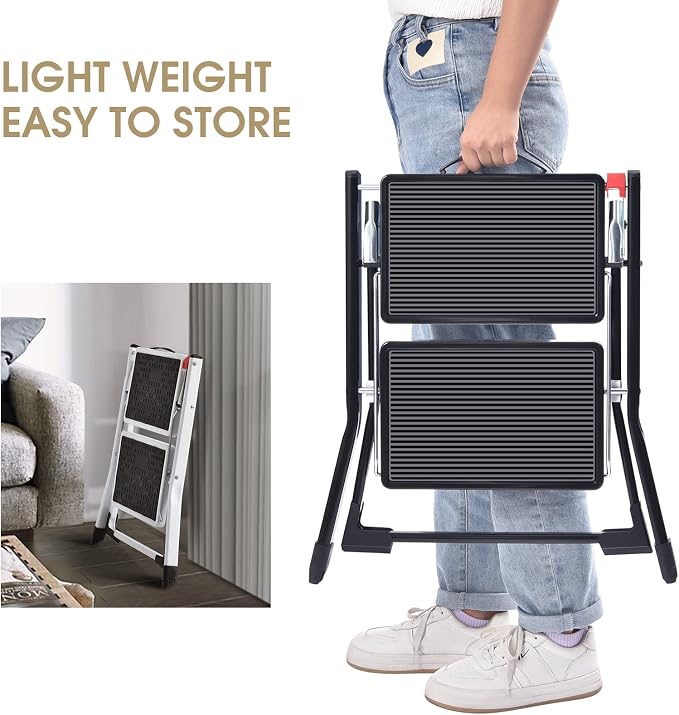 KINGRACK Folding Step Ladder, 2 Step Foldable Step Stool, Portable Stepladder with Handle, Non-Slip Rubber Mat, Release Button, Small Household Stepping Stool for Home Kitchen, for up to 330lbs, Black