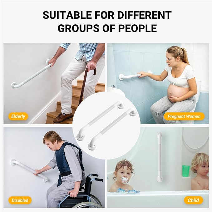 Anti Slip Grab Bars for Shower White, Safety Textured Grip Shower Grab Bars for Seniors, Holds up to 500LBs, Knurled Handicap Grab Bars for Wall with Concealed Screws, 16 Inch