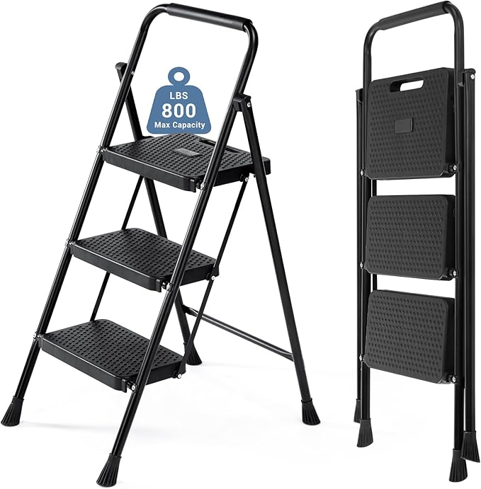 DUMOS 3 Step Ladder, Sturdy Step Stool with Anti-Slip Pedal & Comfortable Handrail, Portable Heavy Duty Step Stool for Kitchen, Garage & Outdoor Use, 800lbs, Black