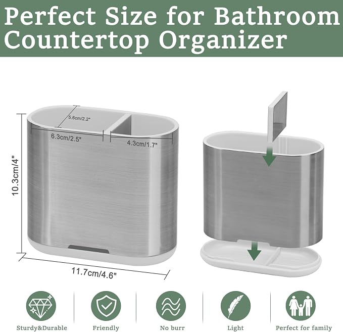 Toothbrush and Toothpaste Holder with Divider for Bathroom Countertop Organizer, 2 Slots Electric Toothbrush Holders Storage Caddy Drainage for Family, Kids (Brushed Silver)