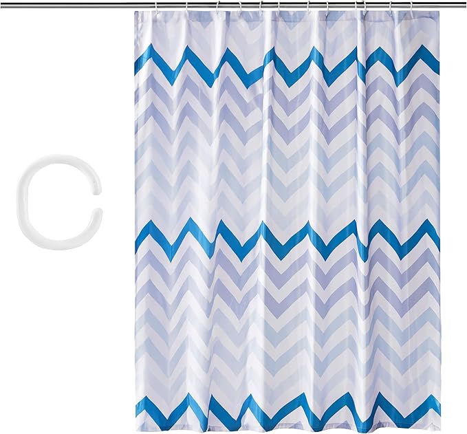 Amazon Basics Bathroom Shower Curtain, Water Resistant Fabric with Weighted Hem, Grommets & Hooks, Machine Washable, 72"x72", Blue Ombre Chevron