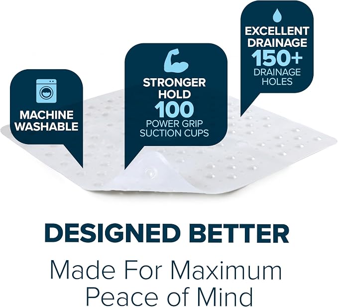 SlipX Solutions 27" Oversize Square Shower Mat, Non-Slip Mat for Elderly & Kids, 100+ Power Grip Suction Cups for Smooth Surfaces, Machine Washable, White Pearl